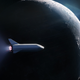 Interpretación artística de una nave Starship pasando alrededor de la Luna.